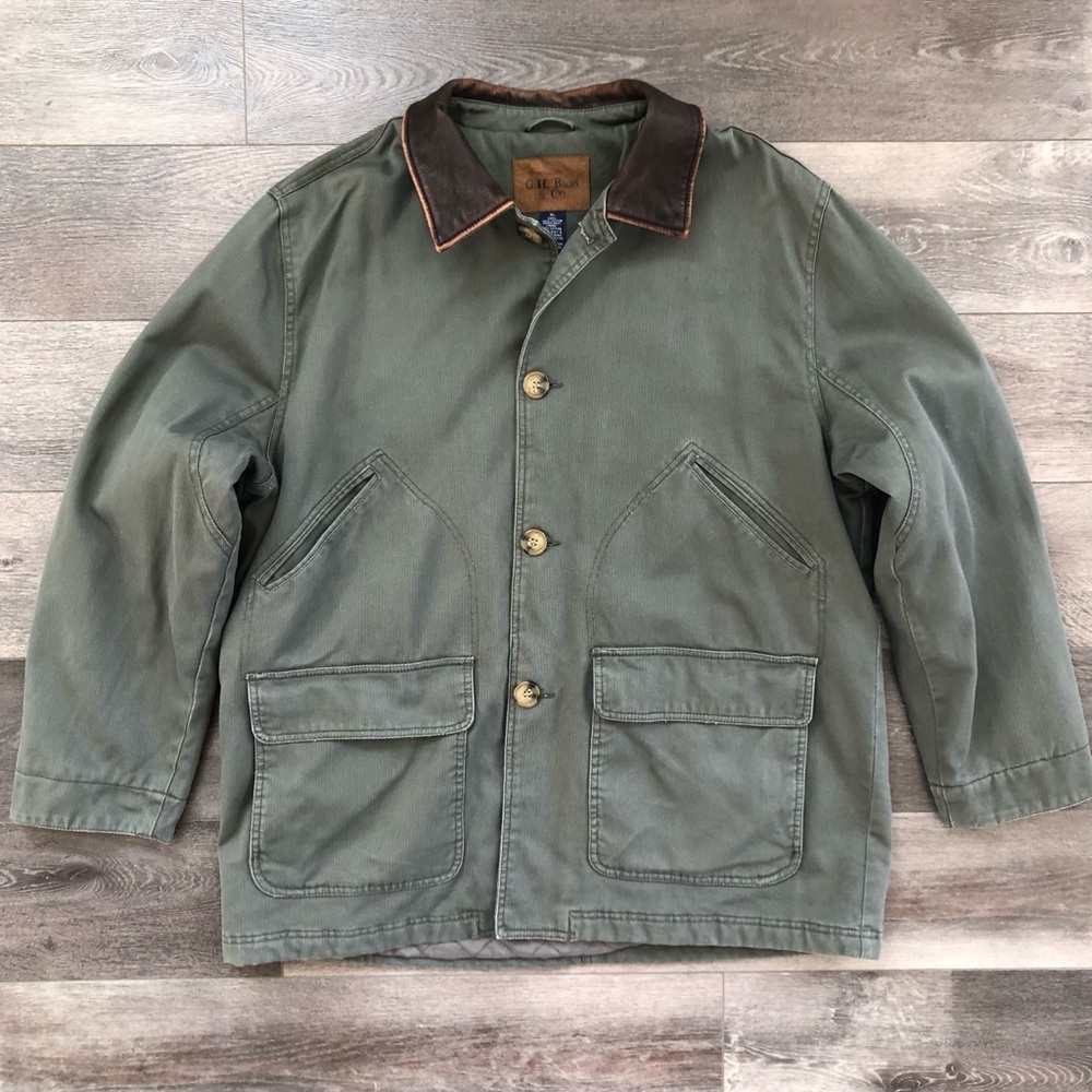 GH Bass Barn Coat Chore Jacket Quilted Houndstooth Lined Leather Collar XL